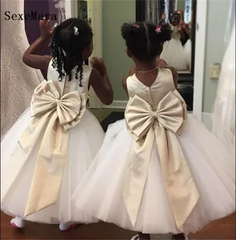 

White Ivory Flower Girls Dress for Wedding with Bow O Neck Puffy Tulle Girls Birthday Dress First Communion Gown Size 2-14Y