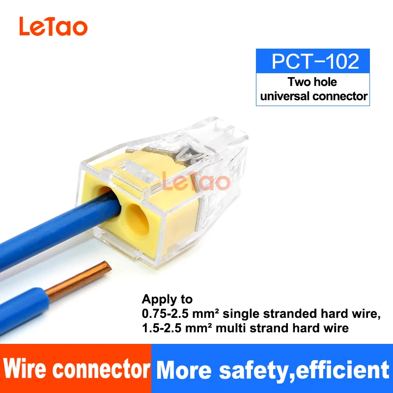 

PCT-102 Universal Compact Wire lighting yellow Connector Terminal Block 2 pin Conductor With 1.5-4mm2 single strand hard wire