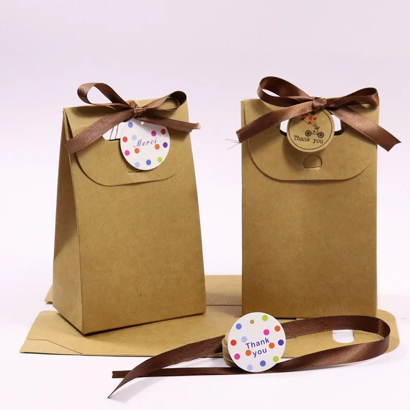 20sets Kraft Blank Paper Bag with Ribbon and Thank You Gift Tag Gift Box Packaging Wrapping ...