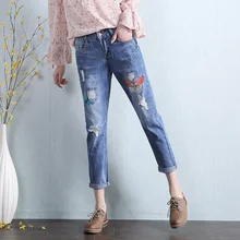 2017 Весна Лето Новый Женский Бабочки Вышивка Карманы Denim Penci Брюки Женщины Нижняя Синий Случайные Шаровары Капри L476