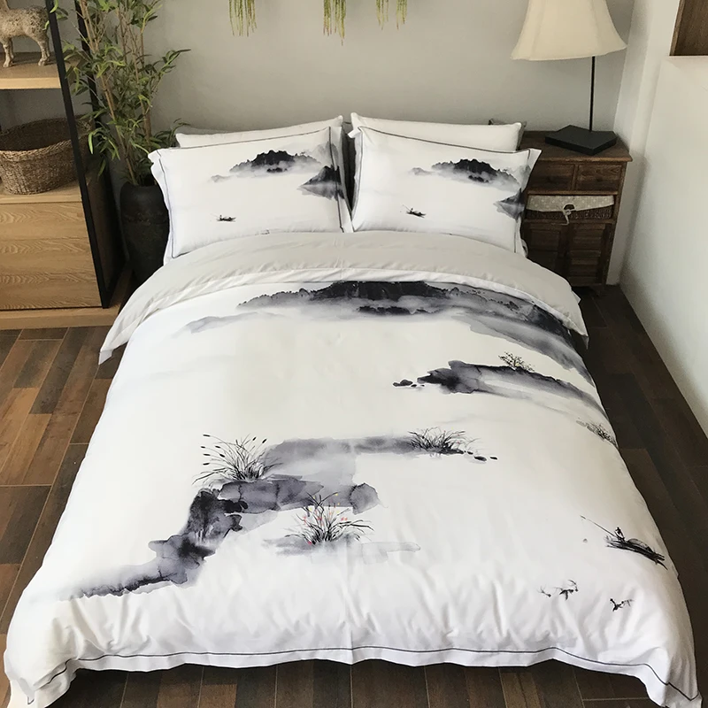 

Chinese Style 100% Cotton Sanding Printed Flower Bedding Set Wedding Bed Sheet set Duvet Cover Pillowcase Queen King 4pcs white