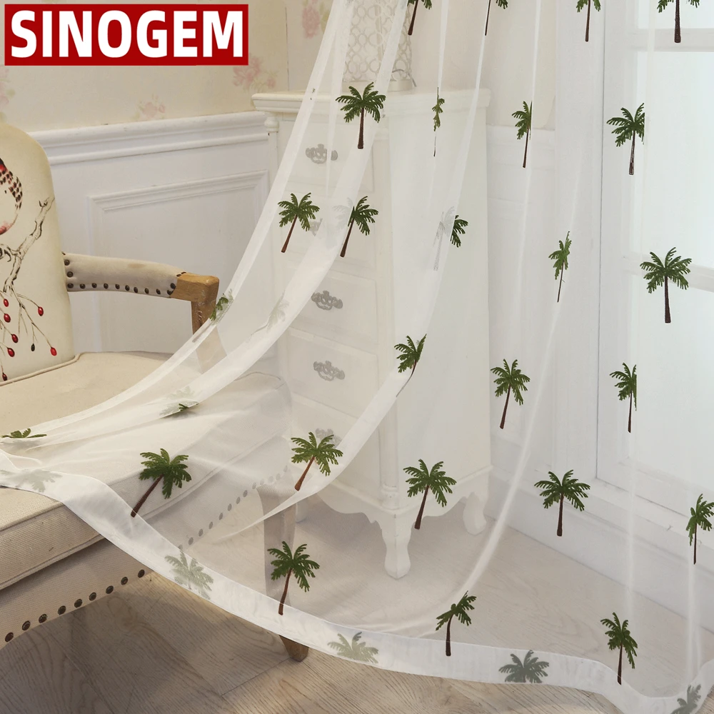 

Simple Modern Coconut Tree Screen Embroidery Sheer Voile Window Drapes for Living Room Door Lace Curtains A966
