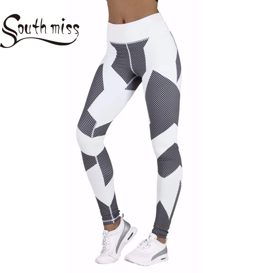 Southmiss Для женщин Apparel быстросохнущая Высокая талия Колготки Белый Модная точка сублимации бег спортивные штаны - Цвет: White Black point