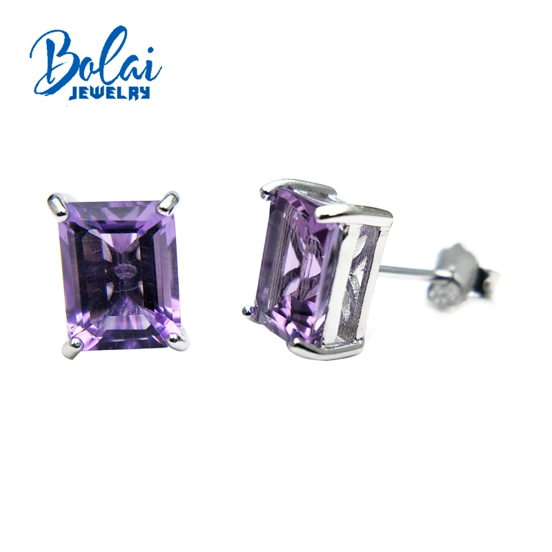 

Bolaijewelry,simple shine elegant 925 silver with amethyst gemstone earrings fashion jewelry for women romantic gift for girl