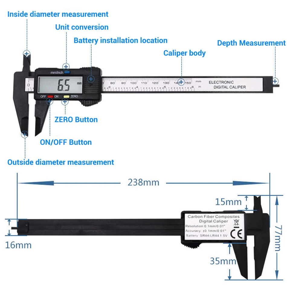 6 дюймов 150 мм Цифровой Штангенциркуль с нониусом из нержавеющей Пластик 6 дюймов микрометр углеродное волокно калибра цифровой суппорт без Батарея wirldlight