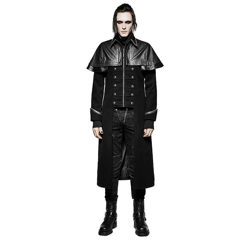 

Gothic Men Winter PU Leather Cloak Double-Breasted Long Coat Military Uniform PU Leather Coat Leather Cloak Zipper Lapel Jacket