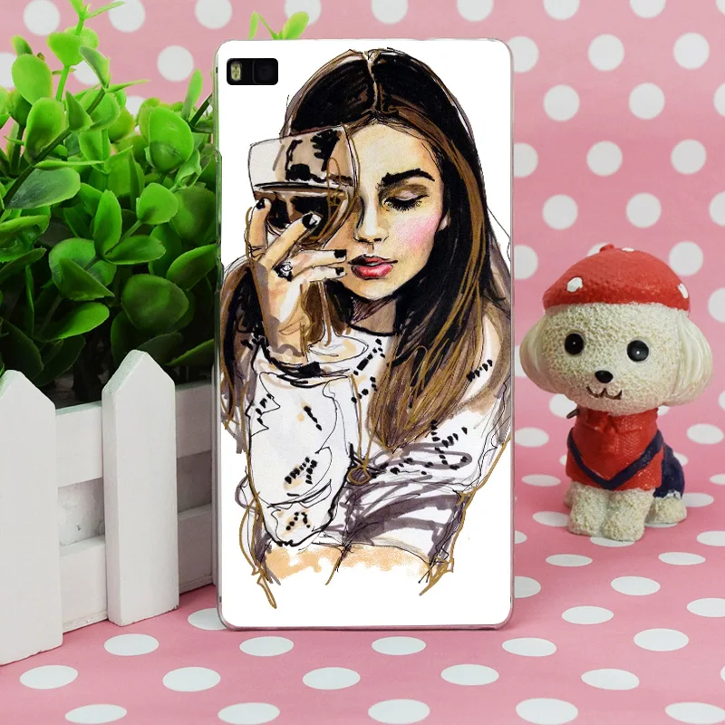 B3879 The Girl With Wine Glass Design Transparent Hard Thin Case Skin Cover For Huawei P 6 7 8 9 Lite Plus Honor 4C 4X G7 |