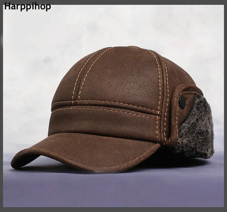 New New Fashion Men's Scrub Genuine Leather baseball Winter Warm baseball Hat / Cap 2colors bomber trapper hat