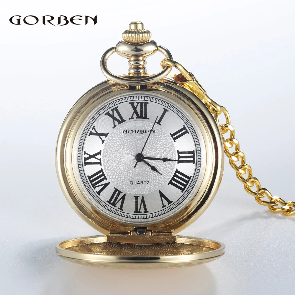 Vintage Luxury Golden Silver Quartz Pocket Watch Roman Numerals Dial