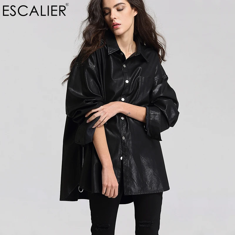 discount  ESCALIEA Basic Jacket Women's Washed PU Leather Jacket Fashion Turn-down Collar Button Coats Free S