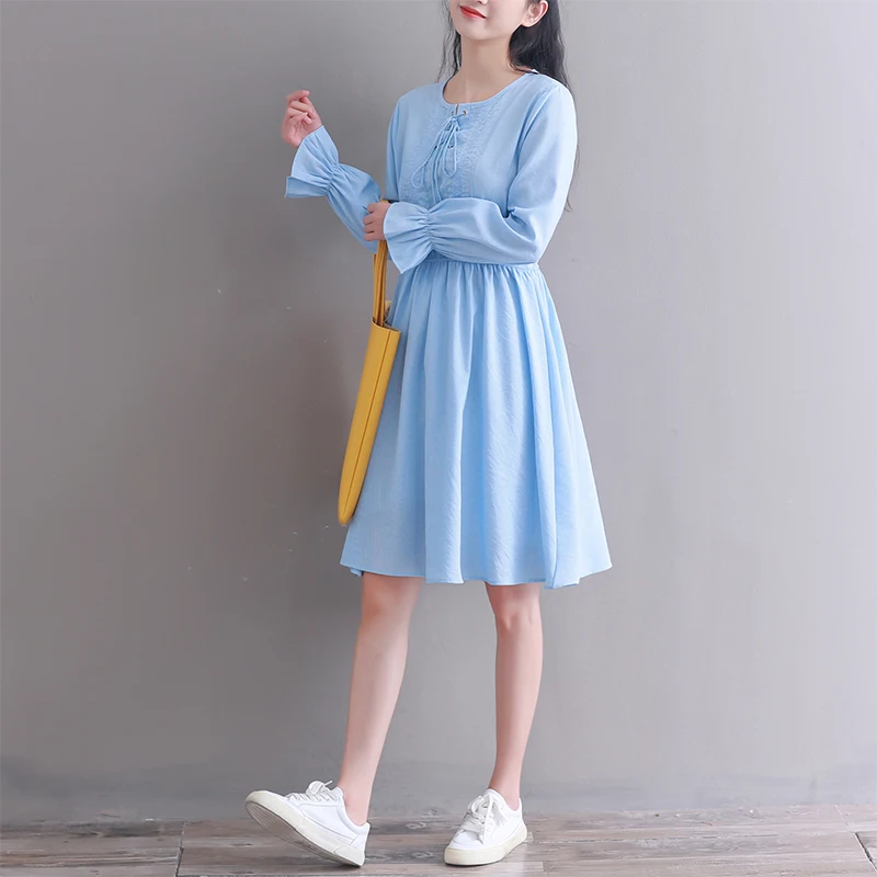 

Mori Girl Autumn Women Blue Dress Elegant Stripe Bandage Embroidery Sweet Dress With Tassel Cotton Linen Vintage Kawaii Dress