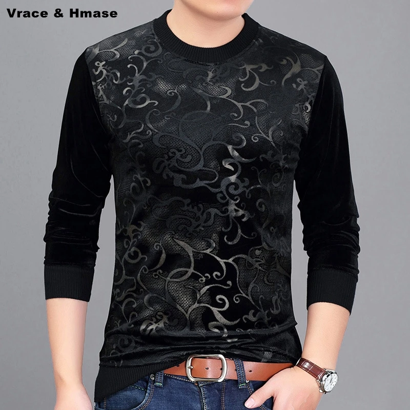 

Gold velvet decorative design printing quality long sleeve t shirt Autumn&Winter 2017 soft comfortable fashion slim t shirt men