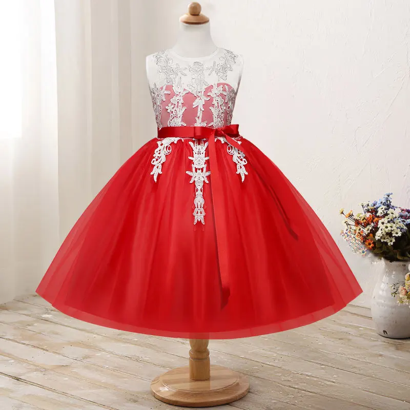

New Princess Dress Girls Lace Applique Tulle Wedding Dress Formal Baby Girls Clothing Vestido