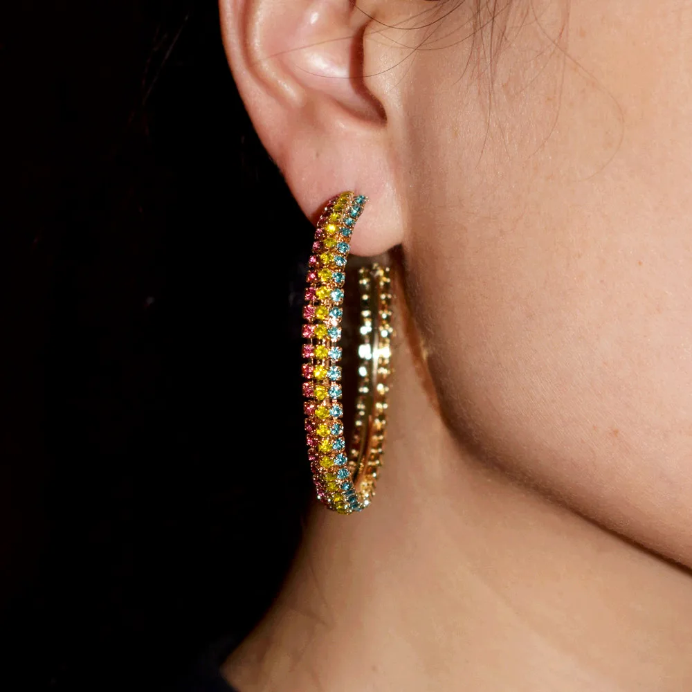 

New Multicolors Shiny Rhinestone Hoop Earrings for Women Fashion Jewelry Bohemian Girls' Circle Statement Earrings Accessories