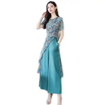 

2019 New Summer Fashion Women Floral Print Asymmetry Split Top Shirts+Loose Wide Leg Pants Suits Female Chiffon Casual Set Y141