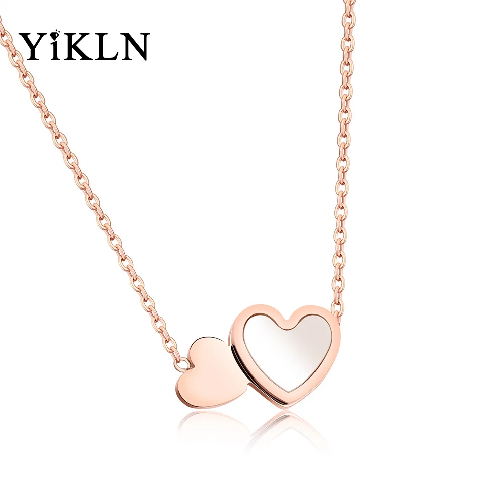 

YiKLN Romantic Stainless Steel Sweet Shell Love Double Heart Chokers Pendant Necklaces Rose Gold Color Wedding Neckalce OGX1189