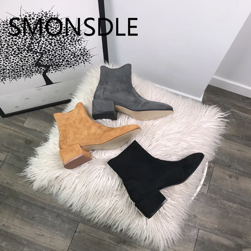 

SMONSDLE 2018 New Black Suede Women Ankle Boots Round Toe Slip On Chunky Heel Women Autumn Winter Short Boots Shoes Woman