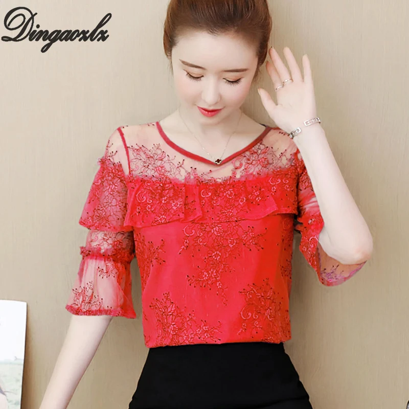 

Dingaozlz Summer Tops 2019 New Korea fashion clothing Ruffles Flare Sleeve Sweet Lace Shirt Plus size Chiffon blouse Blusa