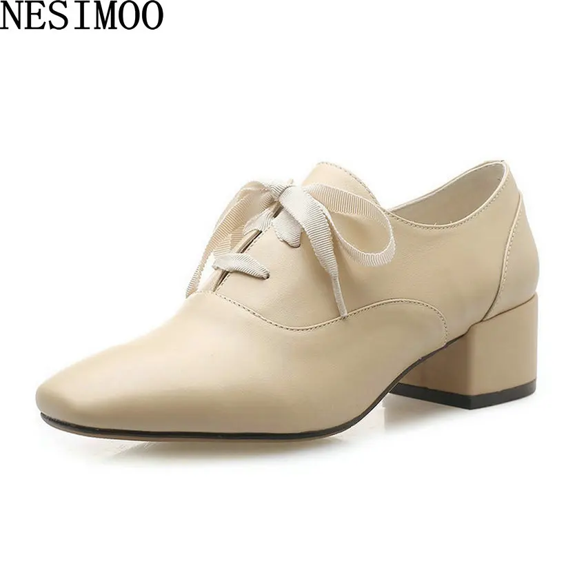 

NESIMOO 2019 Women Shoes Genuine Leather Med Heel Square Toe Solid Lace Up Concise Spring Autumn All Match Casual Size 34-39