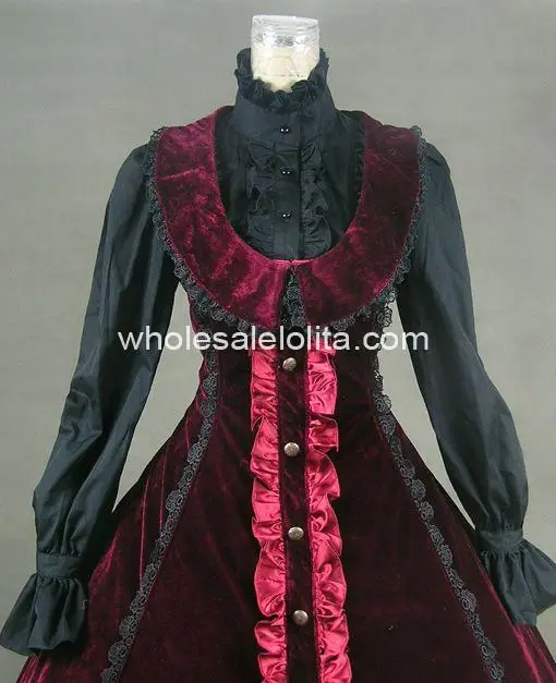 Готический бордовый Pleuche и атлас исторические викторианской наряд воспроизведение костюм