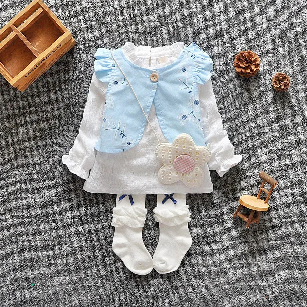 Костюмы для новорожденных девочек, жилет платье с цветочным рисунком для девочек Кукольное платье футболка из хлопка+ жилет 2 комплекта детской одежды