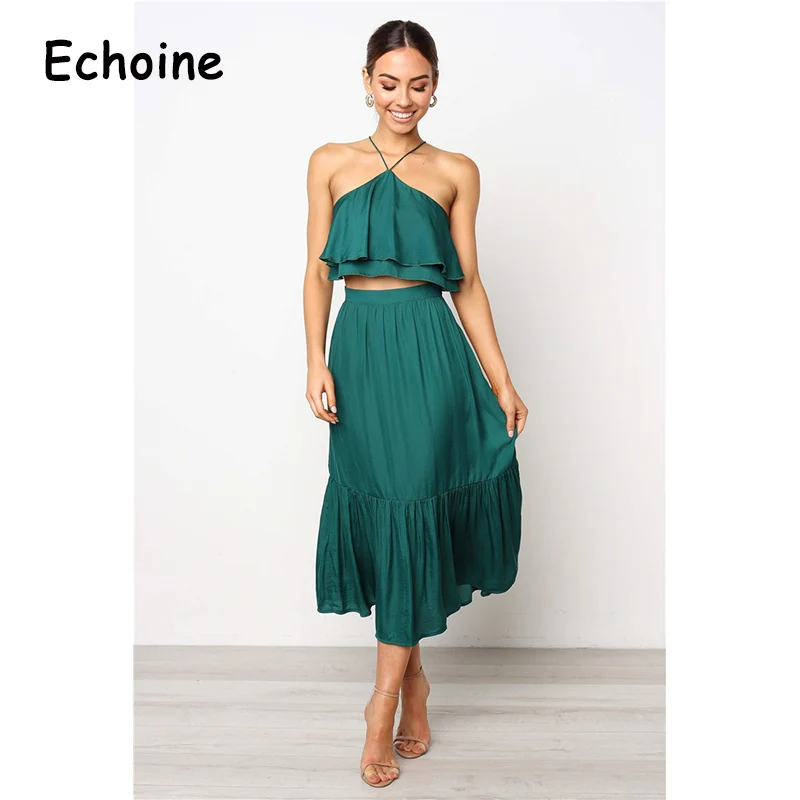 Летний модный комплект из 2 предметов Echoine однотонный укороченный топ на