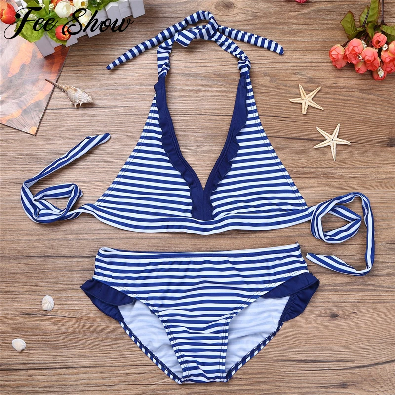 

Kids Teens Striped Tankini Swimsuit Two Pieces Swimwear Strappy Halter Swim Tops with Bottoms Bikini Set Bathing Suit Beachwear