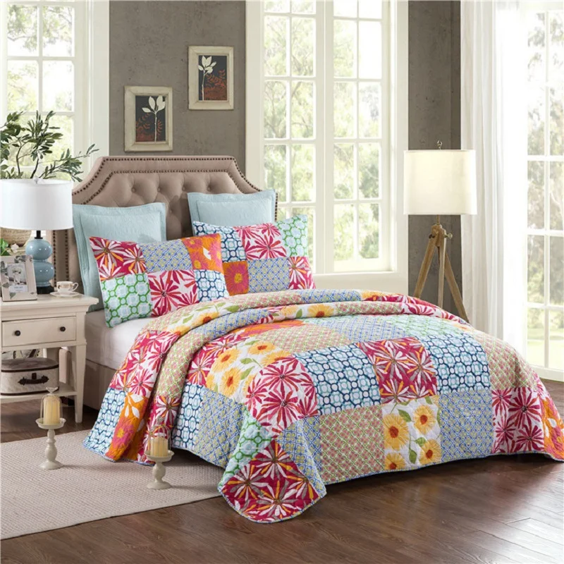 

CHAUSUB Patchwork Quilts Washed Cotton Quilt Set 3PC Floral Printed Bedspread Bed Cover Sheets Pillowcase Coverlet Set King Size