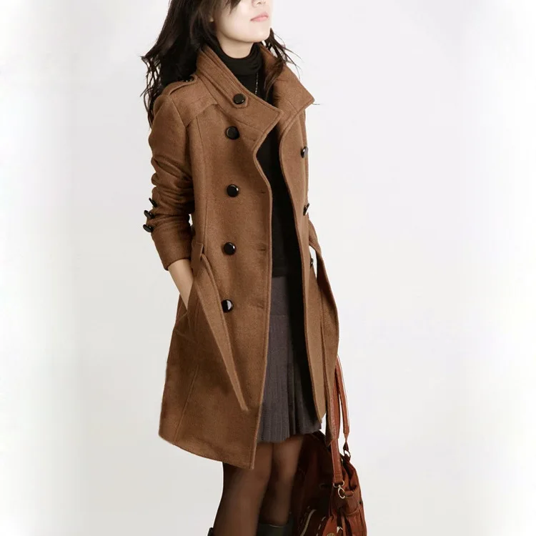 Женское пальто, Осень-зима, однотонное, на пуговицах, с регулируемой талией, с высоким воротом, двубортное, облегающее, плюс размер, Женское пальто