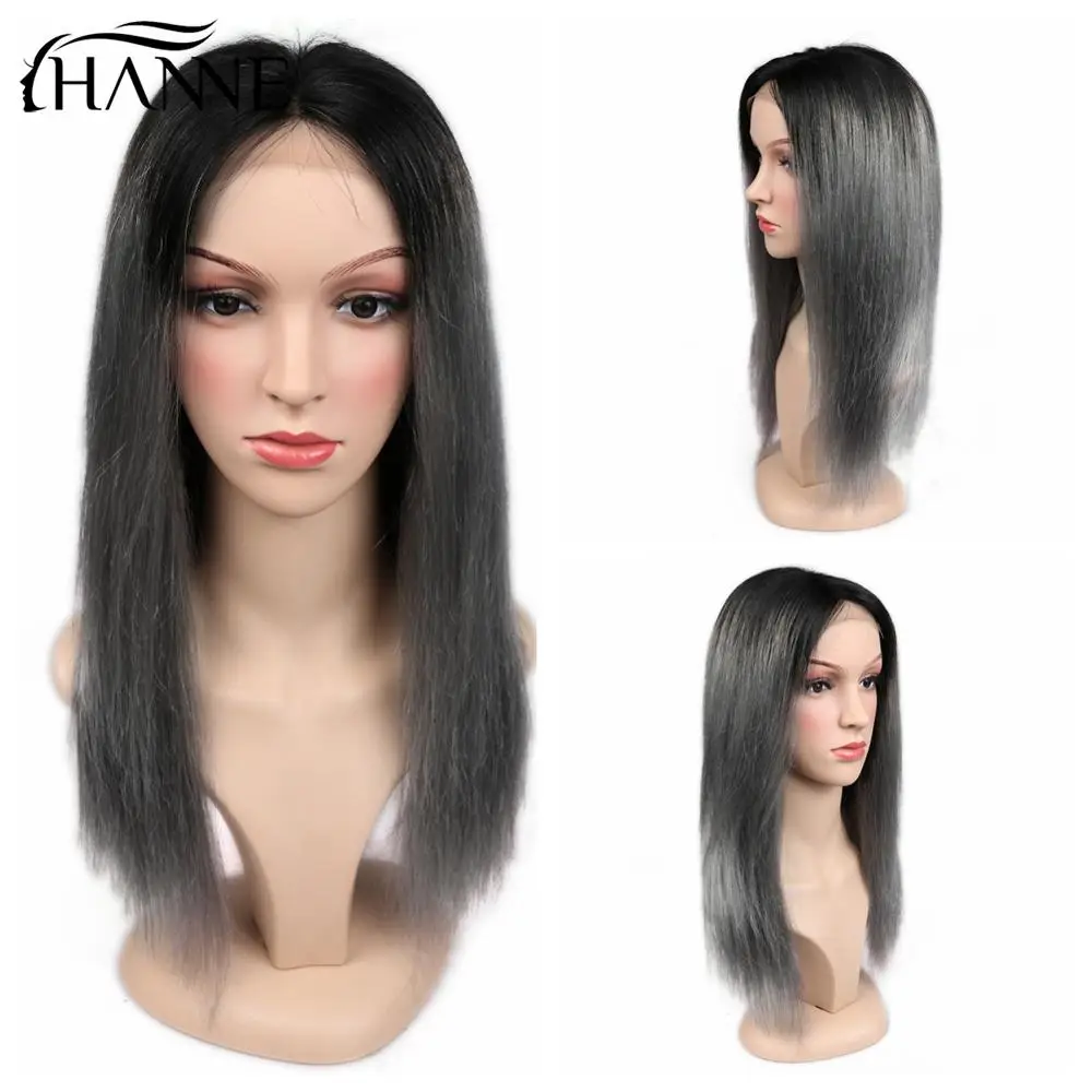 HANNE 4*4 парик из натуральных волос с естественным Hairline косплей парик Омбре розовый/99J/серый прямые человеческие волосы парики Bralizian - Цвет волос: 1B Grey