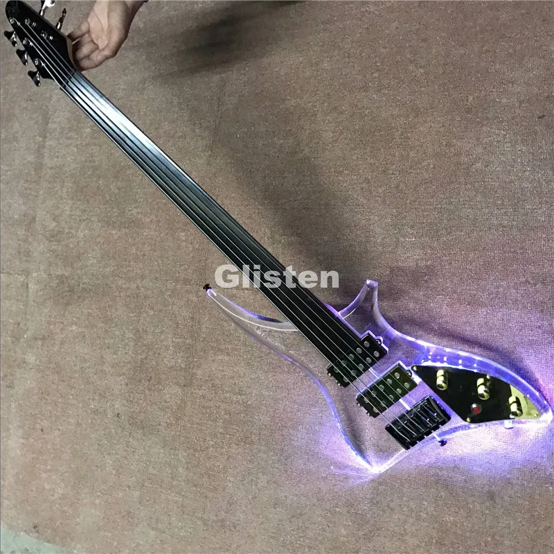 Acrylic electric guitar bass guitar with ebony fretboard, fretless LED