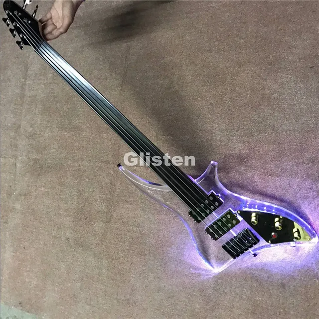 Acrylic electric guitar bass guitar with ebony fretboard, fretless LED