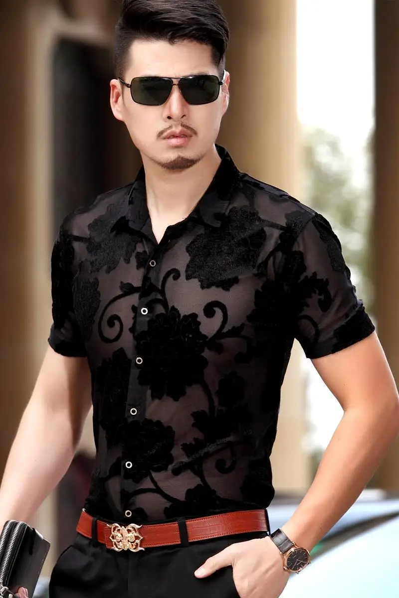 Man Transparent Shirts Summer Sexy Floral Clubwear Short Sleeve See Through