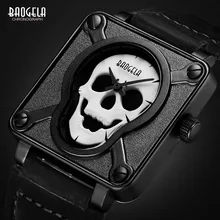 Baogela мужские водонепроницаемые черные коричневые кожаный ремешок квадратный циферблат кварцевые наручные часы со светящимся черепом BGL1701