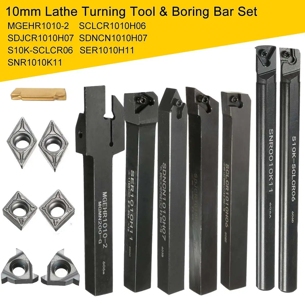 7Pcs 10mm Shank Lathe Turning Tool Boring Bar Holder Kit With DCMT/CCMT Carbide Insert Machine Wrench Cutter Metal Rod Set