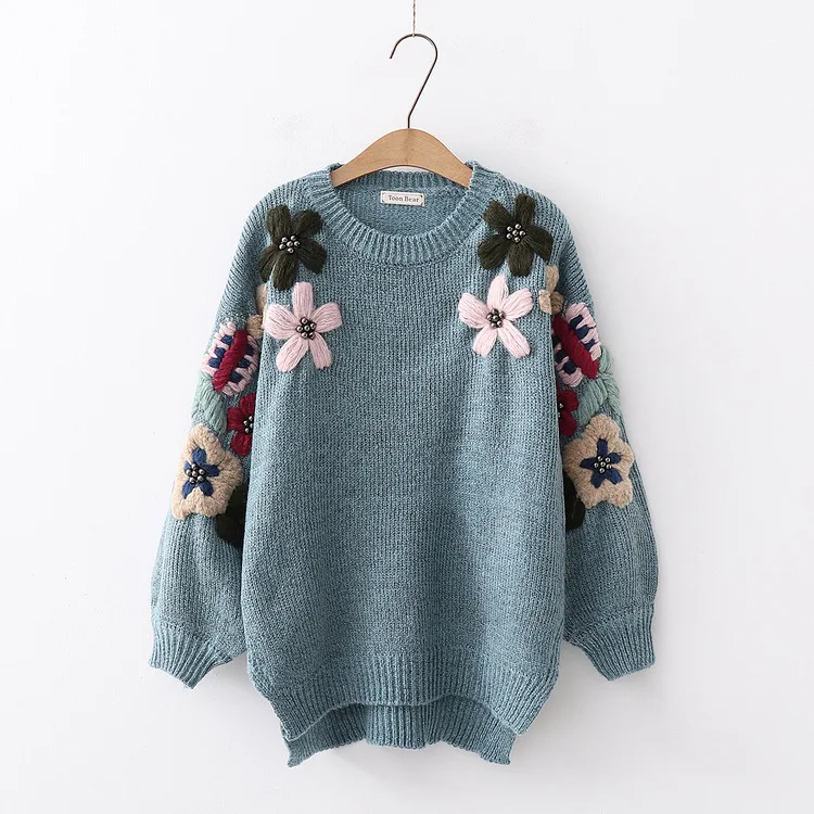 

Autumn and winter new Sen Department Fresh Flower beaded pullover sweater wild women's sweater