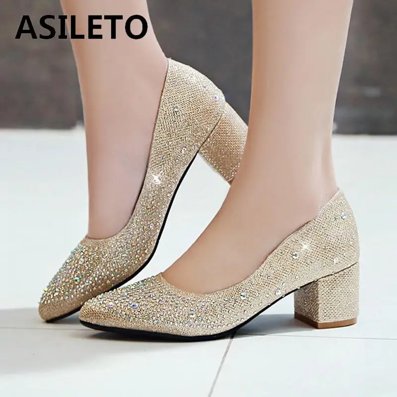 

ASILETO pointed high heels pumps sequined crystal ladies slip on shoes woman big size 45 rhinestone chaussures femme zapato C279