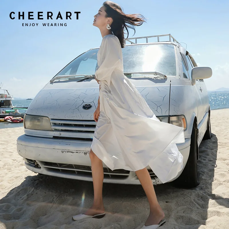 Длинное Летнее белое платье миди Cheerart с глубоким V образным вырезом женское