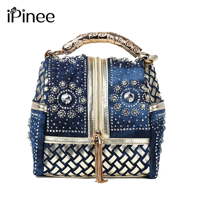 

iPinee Designer Woven Women Handbag Famous Brand Rhinestone Totes Shoulder bag Luxury Bags