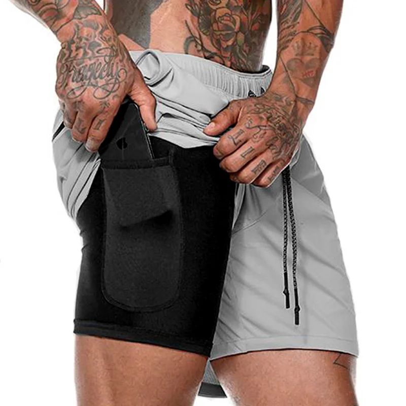 Мужские Компрессионные шорты 2 в 1, мужские шорты, быстросохнущие тренировочные бегуны, спортивные шорты со встроенным карманом