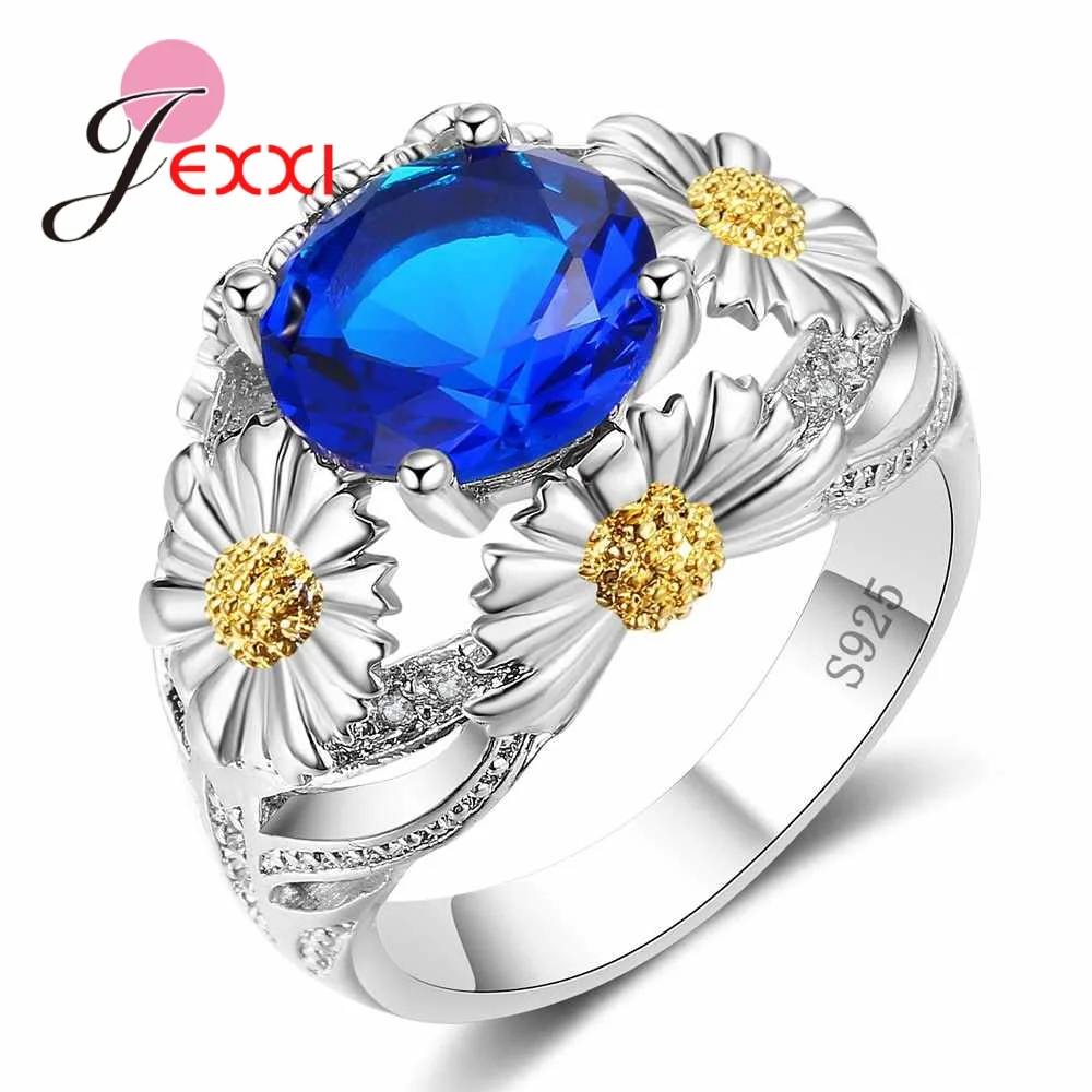 

925 Sterling Silver Red /Blue /Green Flower Poetic Daisy Cherry Blossom Finger Ring For Women Engagement Delicate Jewelry