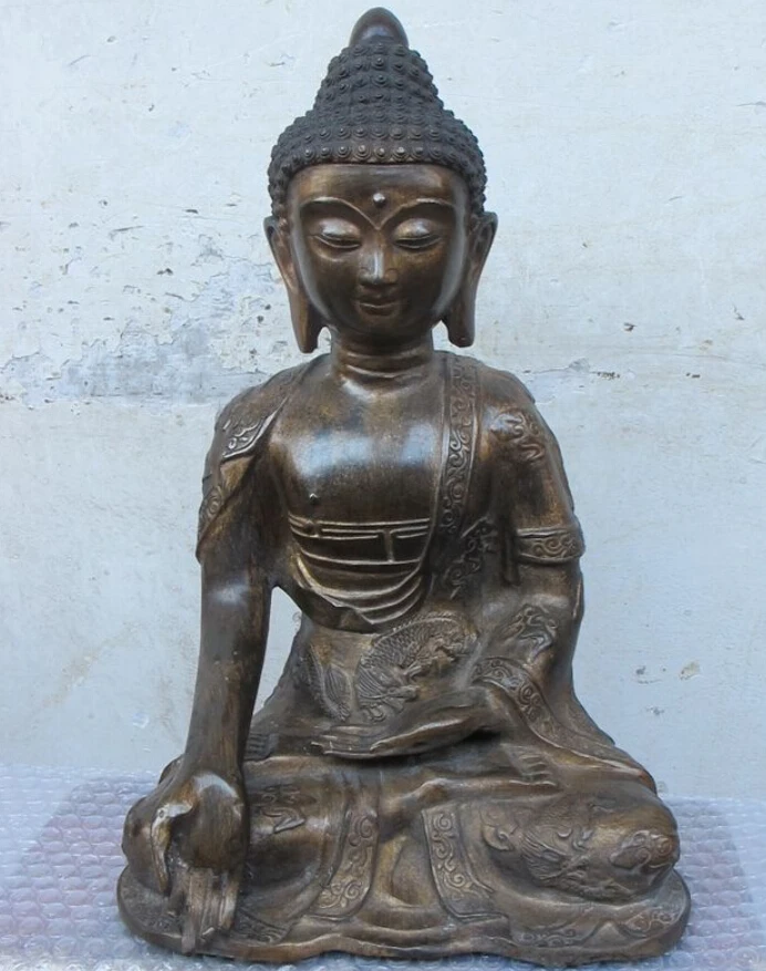 

15"Tibetan Luckly Dragon Carve symbols Bronze Shakyamuni Sakyamuni Buddha statue