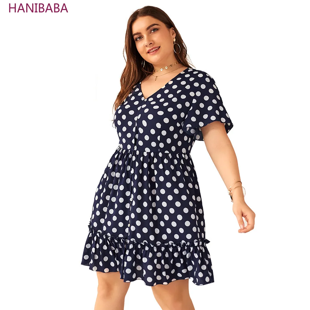 

HANIBABA New White Wave Dress Short Sleeve Single-breasted Lotus Leaf Lace Wrinkle Chiffon Plus Size Casual Beach Robe Femme