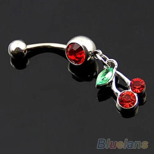 Red Cherry Dangle Rhinestone 316L Steel Navel Belly Ring Body Piercing