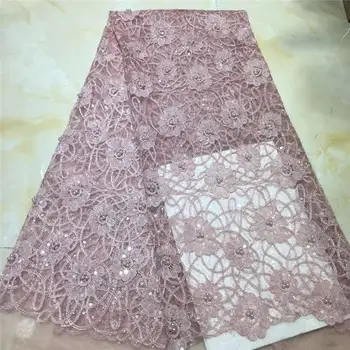 

Latest Shining Beads African Lace Fabric High Quality French Tulle Lace Embroidered Peach 2019 Nigerian Guipure Lace Fabrics