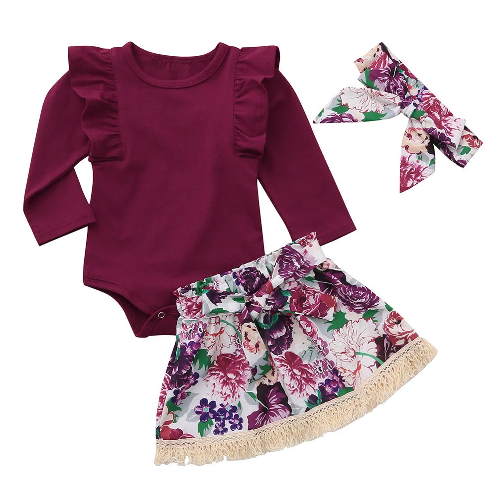 

3PCS Children Baby Girl Clothing Infant Baby Girls Solid Romper Jumpsuit +Floral Skirt +Headbands Fashion Baby Girls Outfits Set