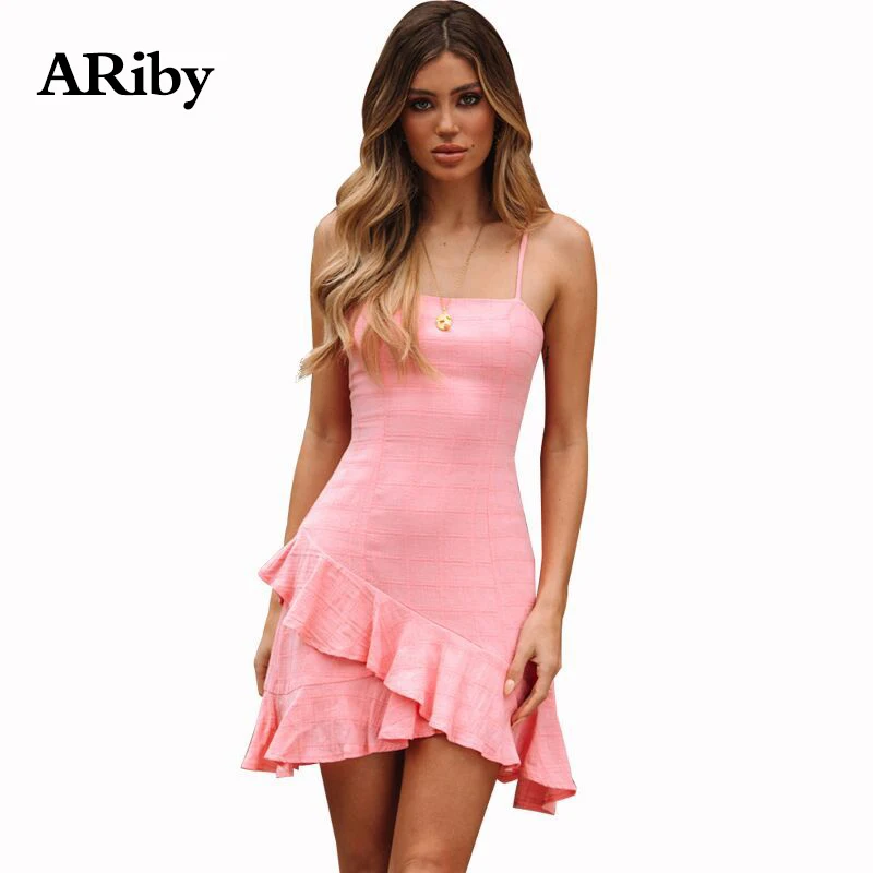 

ARiby Women Pink Party Dress Summer Sexy Sling Bodycon Dress 2019 Fashion Lady Sleeveless Ruffles Irregular Mini Dress Vestidos