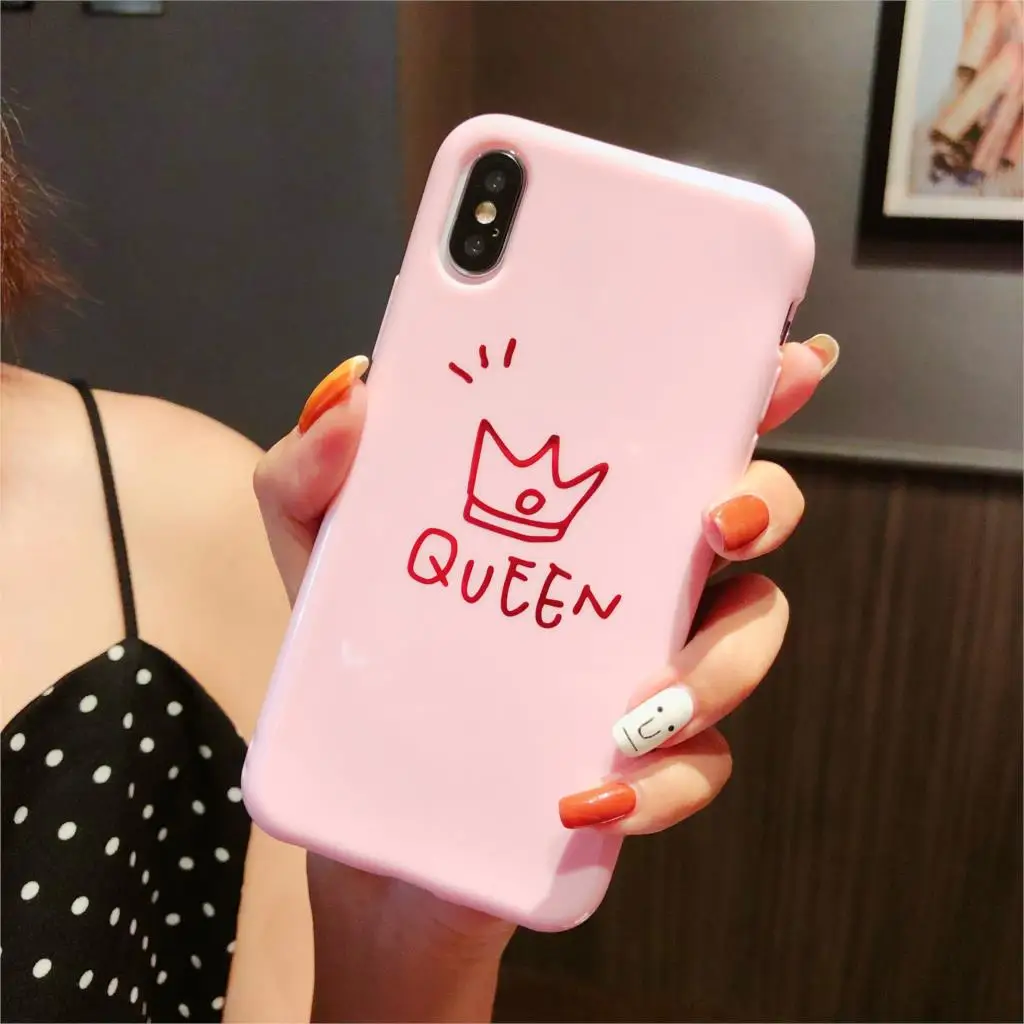 Glossy Crown Phone Case For iphone X Case For iphone 7 Plus 6 6S 8 Plus Cute Letter KING QUEEN Soft TPU Couples Back Cover
