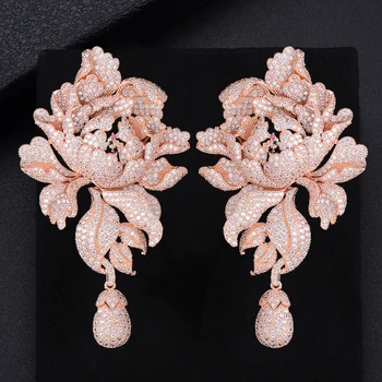 

GODK 76mm Luxury Peony Flower Blossom Cubic Zirconia Women Statement Long Drop Earring Wedding Party Bridal Fringed Jewelry Gift