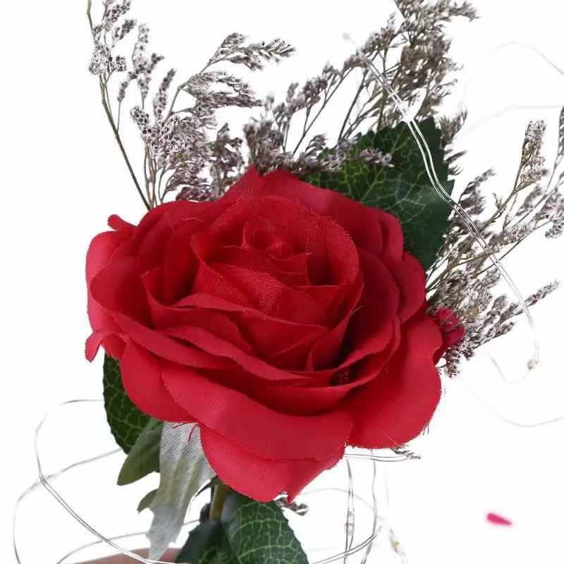 Искусственная красная роза в Стекло с светодиодный свет на День святого Валентина для влюбленных подарки дома Свадебная вечеринка украшения подарки на день рождения